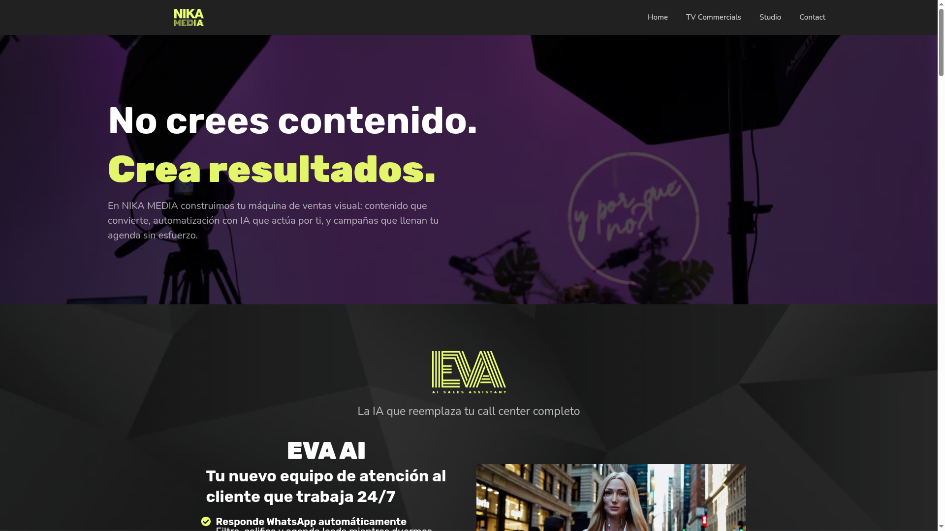 Nika Media — Brand site for a US-based production studio integrating EVA AI sales assistant.